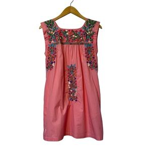 J. Marie Embroidered Shift Dress Pink Floral Lined Sz XS Cotton Pockets Boho